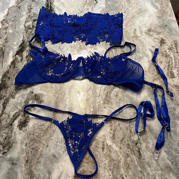 🆕Royal Blue Embroidered Lace & Mesh Sexy 3 PC Lingerie Set w Waist Cin Size 1X - Picture 9 of 10